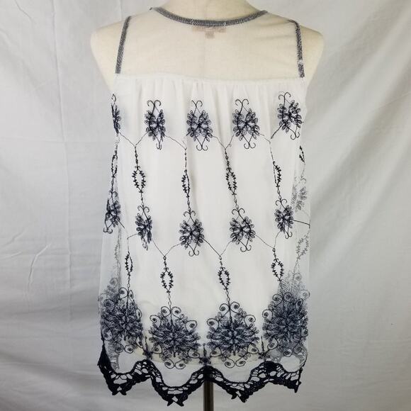 Lavish Blue White Sleeveless Tank Mesh Lined Embroidery Top Shirt Size S - Picture 3 of 10